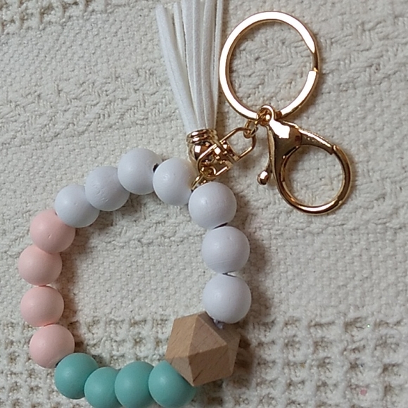 Blossom Accessories - Wooden Keychain Pink, Green & White on stretchy cord w White tassel #8